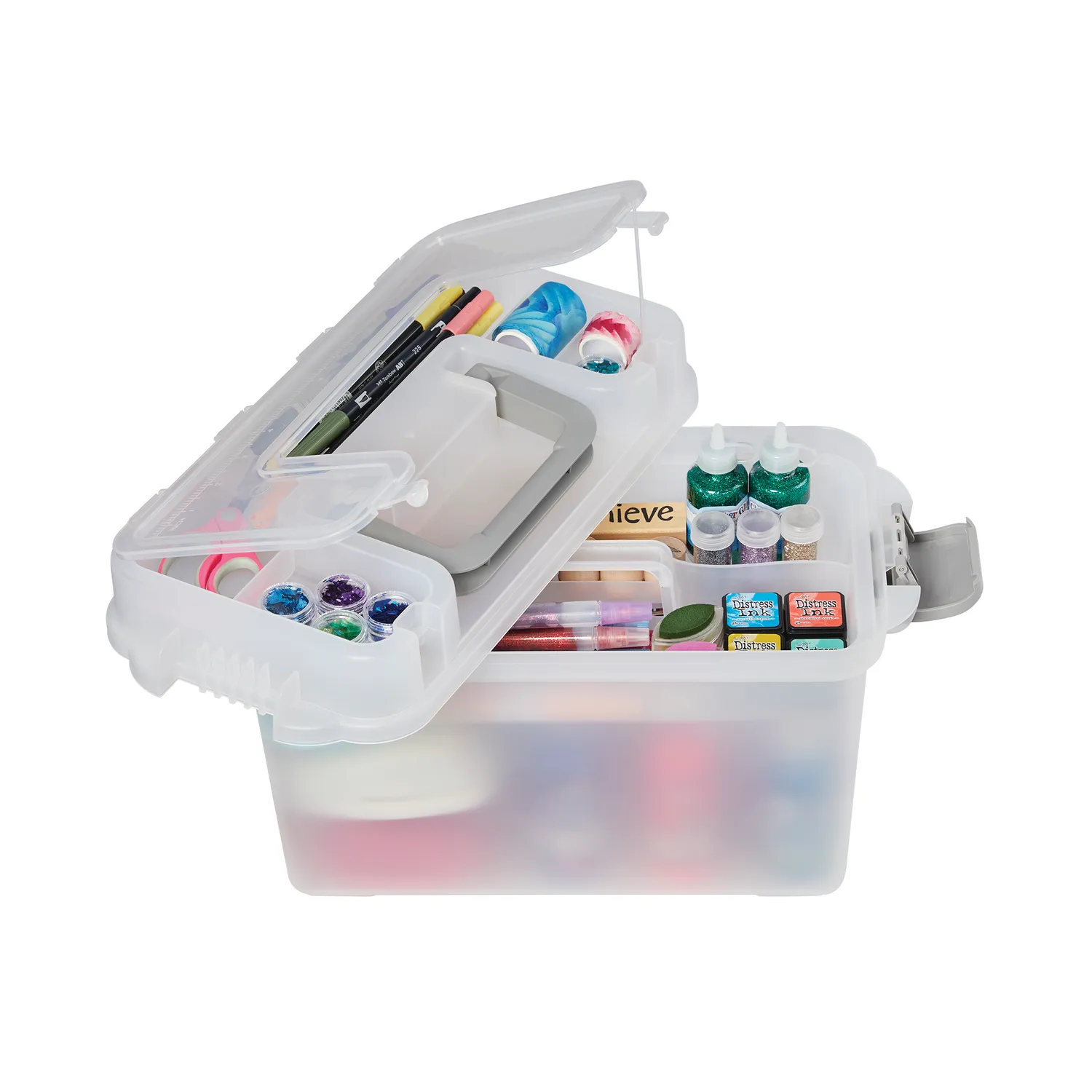 Deflecto Multi-Compartment förvaringsbox transparent med lyftfack